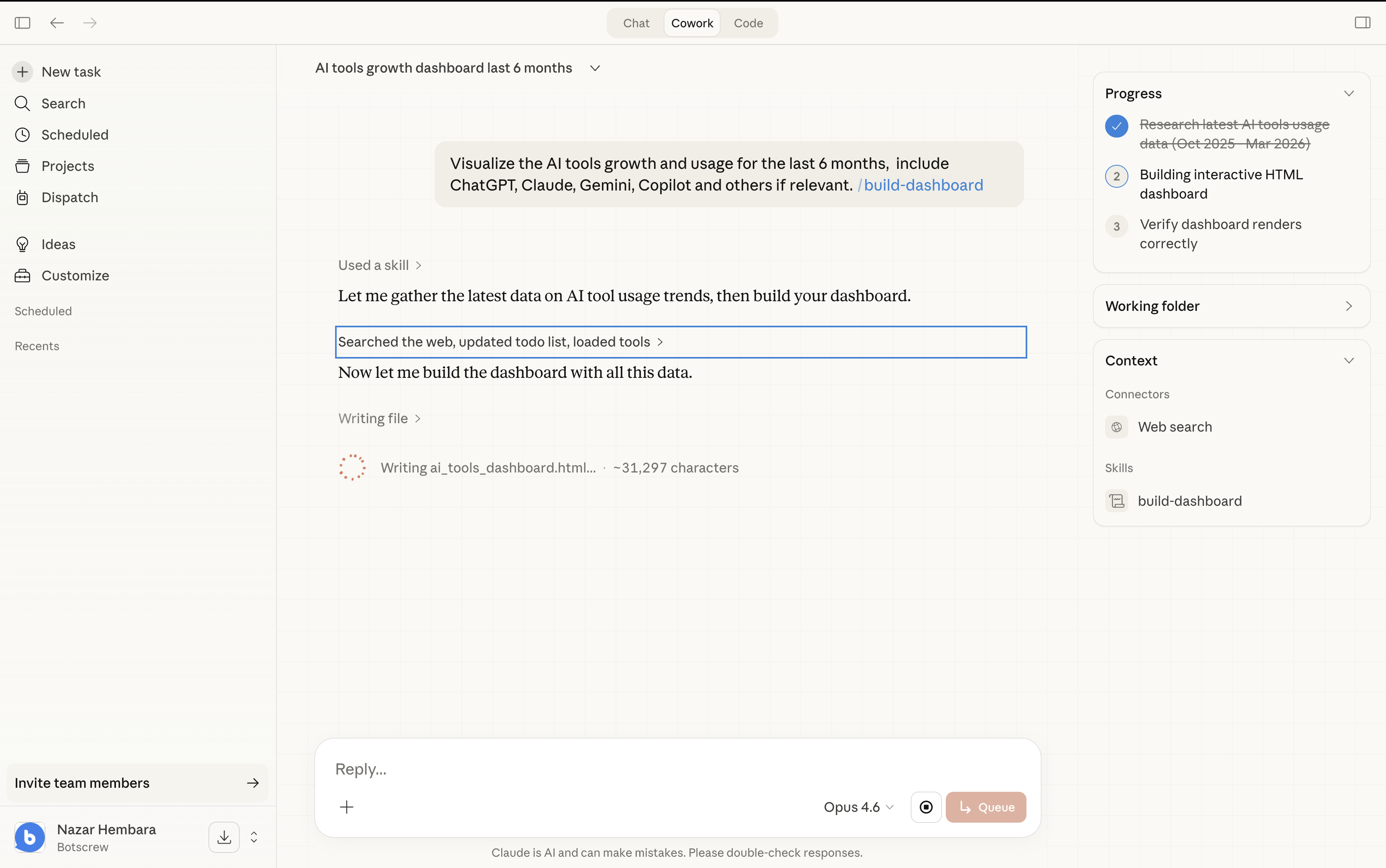 Claude building a dashboard