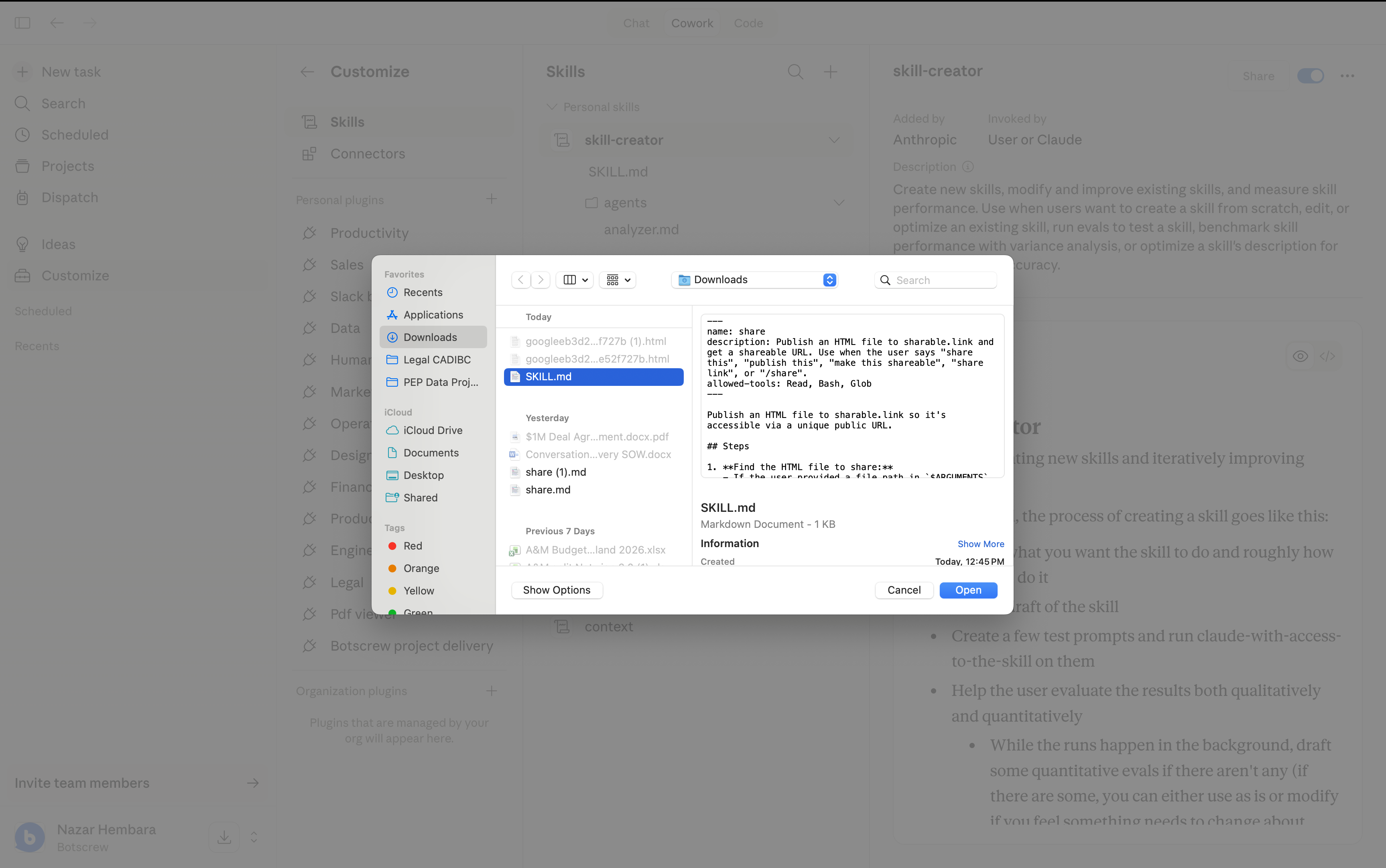 File picker showing SKILL.md