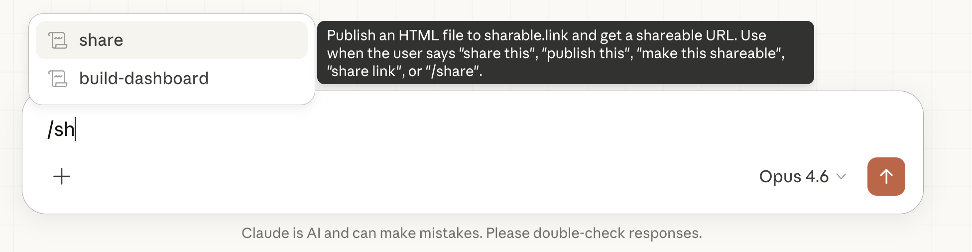Typing /sh shows the share skill